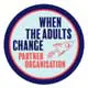 Circular logo for When the Adults Change Partner Organisation, featuring a red and white rocket ship on a blue background.